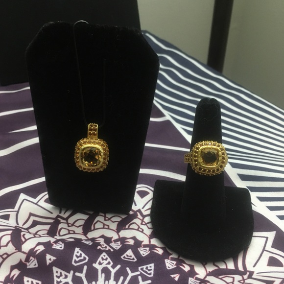 Silver Gold Plated 925 Citrine CZ Pendant Ring Set